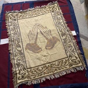 Vintage Tapestry Throw Blanket Praying Hands Reversible Lord Prayer 42x54”